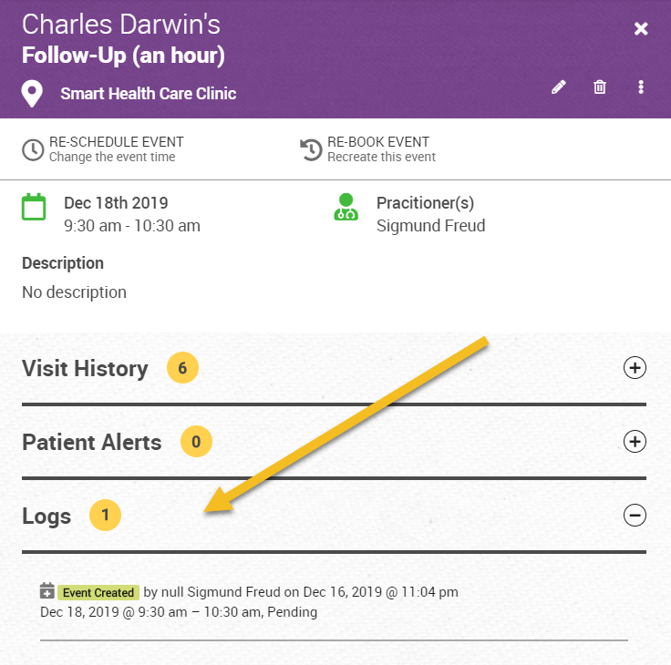 How do I see the event logs for an appointment in my calendar - shows the more details appointment panel with an arrow pointing towards the logs section. 